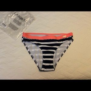 Venus navy and white striped bikini bottom with coral waistline.